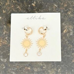 Ettika Gold Star Burst Earrings Cubic Zirconia Hoop with Dangle NEW